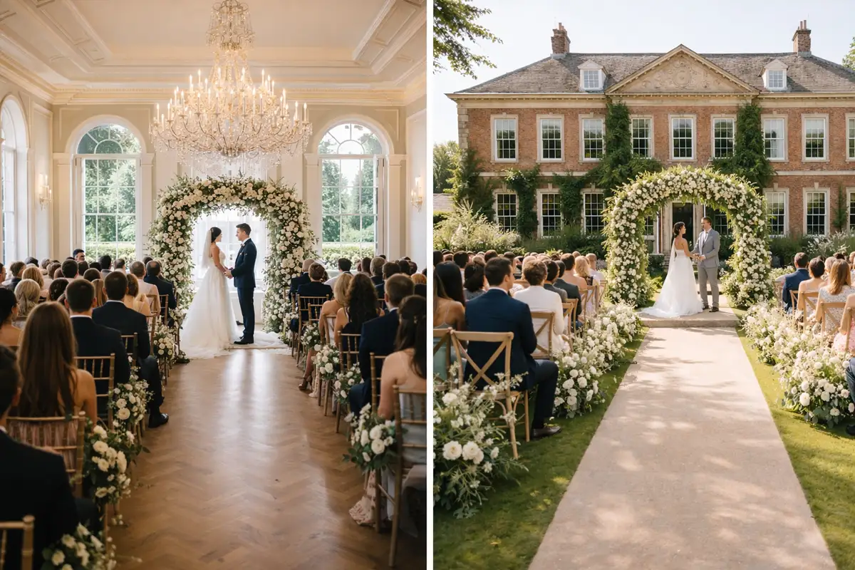 Indoor and outdoor wedding venue comparison scene